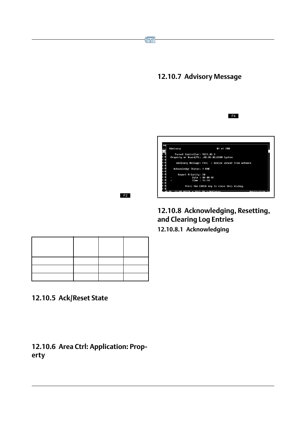 5 ack/reset state, 6 area ctrl: application: property, 7 advisory message | 1 acknowledging, 1 acknowledging -13, Section 12.10.8.1, acknowledg- ing , for the, 6 area ctrl: application: prop- erty | Emerson E2 User Manual | Page 213 / 273