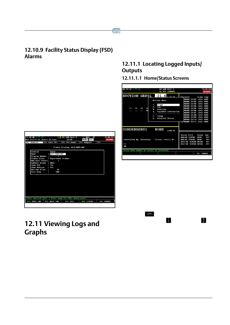 9 facility status display (fsd) alarms, 11 viewing logs and graphs, 1 locating logged inputs/ outputs | 1 home/status screens, 9 facility status display (fsd) alarms -15, 11 v, Iewing, Raphs, 1 locating logged inputs/outputs -15, 1 home/status screens -15 | Emerson E2 User Manual | Page 215 / 273