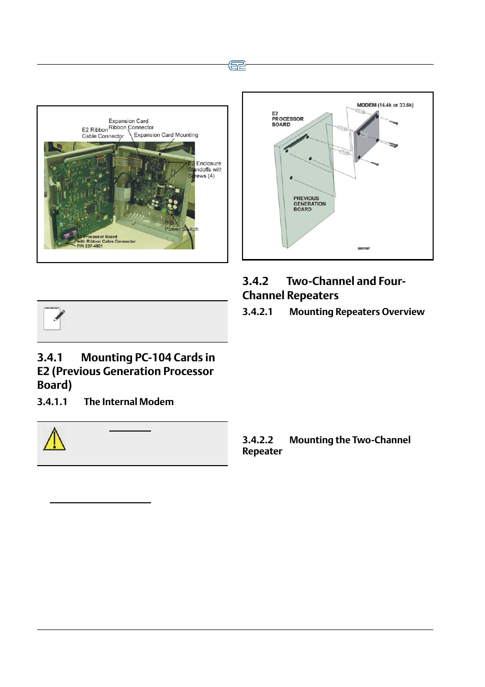 1 the internal modem, 2 two-channel and four- channel repeaters, 1 mounting repeaters overview | 2 mounting the two-channel repeater, 1 the internal modem -6, 2 two-channel and four-channel repeaters -6, N in figure 3-17 | Emerson E2 User Manual | Page 44 / 273