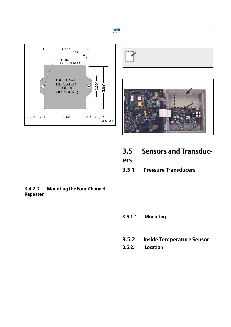 3 mounting the four-channel repeater, 5 sensors and transducers, 1 pressure transducers | 1 mounting, 2 inside temperature sensor, 1 location, 3 mounting the four-channel repeater -7, Ensors, Ransducers, 1 pressure transducers -7 | Emerson E2 User Manual | Page 45 / 273