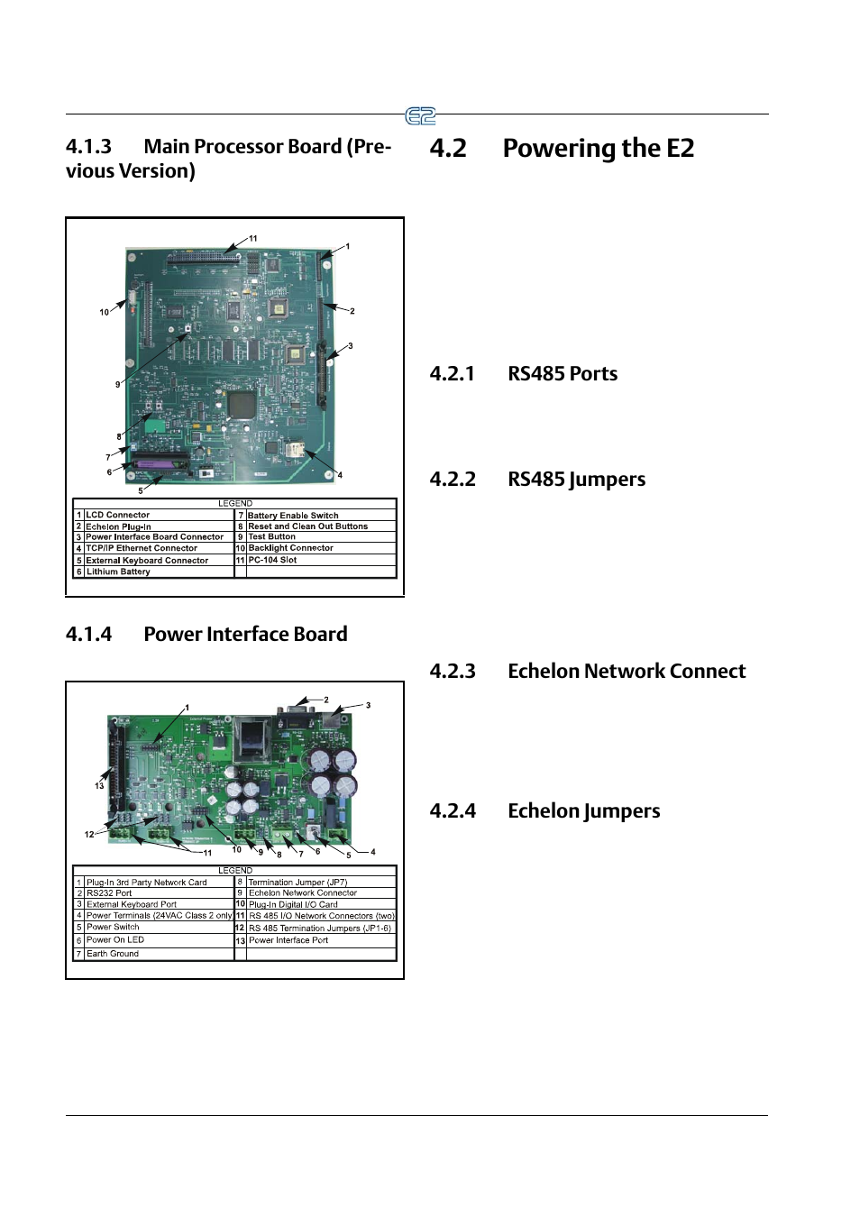 3 main processor board (previous version), 4 power interface board, 2 powering the e2 | 1 rs485 ports, 2 rs485 jumpers, 3 echelon network connect, 4 echelon jumpers, Owering, E2 -2, 4 echelon jumpers -2 | Emerson E2 User Manual | Page 52 / 273