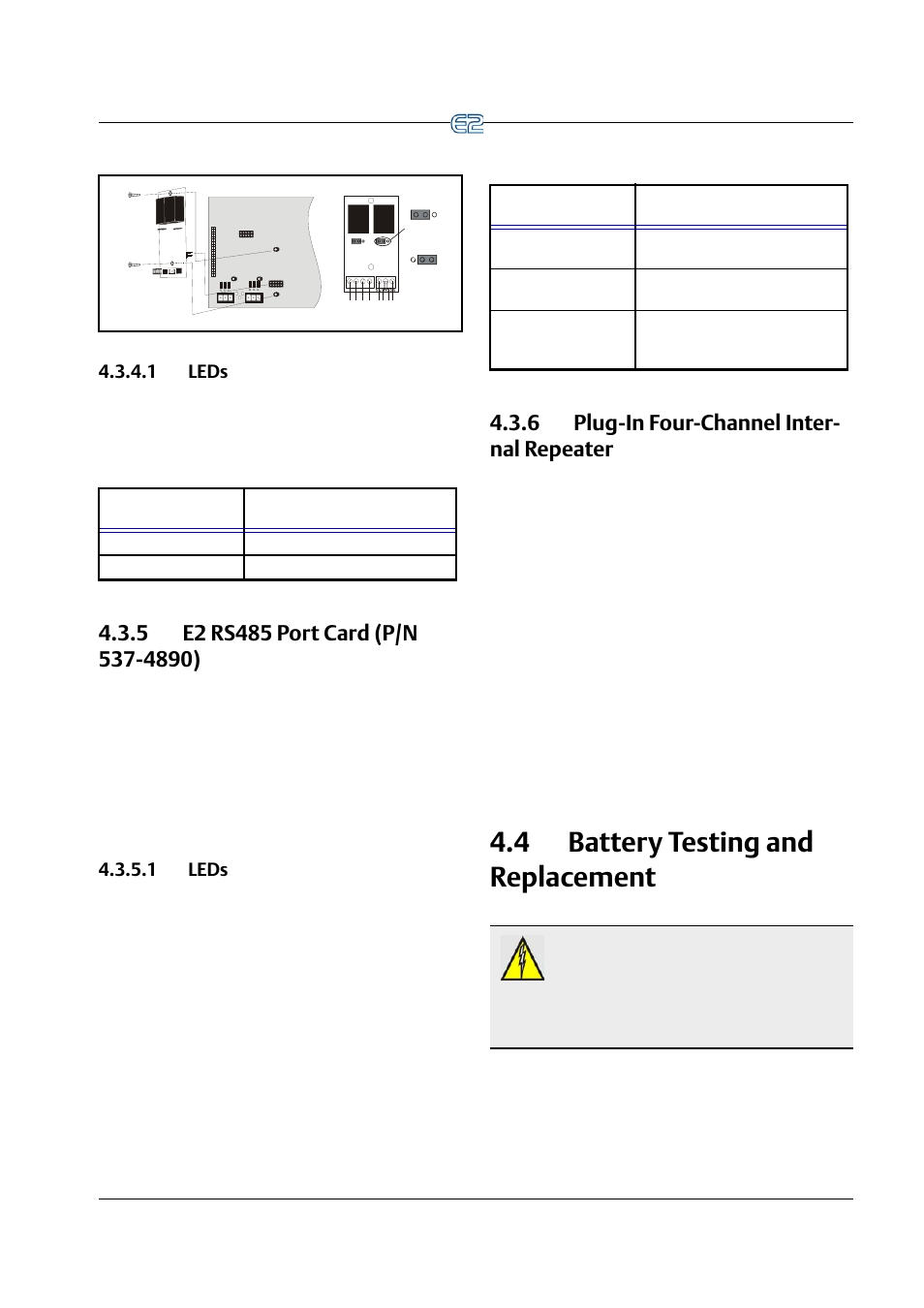 1 leds, 5 e2 rs485 port card (p/n 537-4890), 6 plug-in four-channel internal repeater | 4 battery testing and replacement, 1 leds -5, 5 e2 rs485 port card (p/n 537-4890) -5, 6 plug-in four-channel internal repeater -5, Attery, Esting, Eplacement | Emerson E2 User Manual | Page 55 / 273