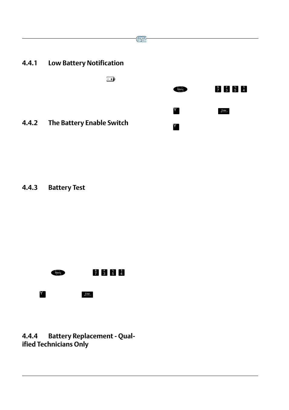 1 low battery notification, 2 the battery enable switch, 3 battery test | 4 battery replacement - qualified technicians only | Emerson E2 User Manual | Page 56 / 273