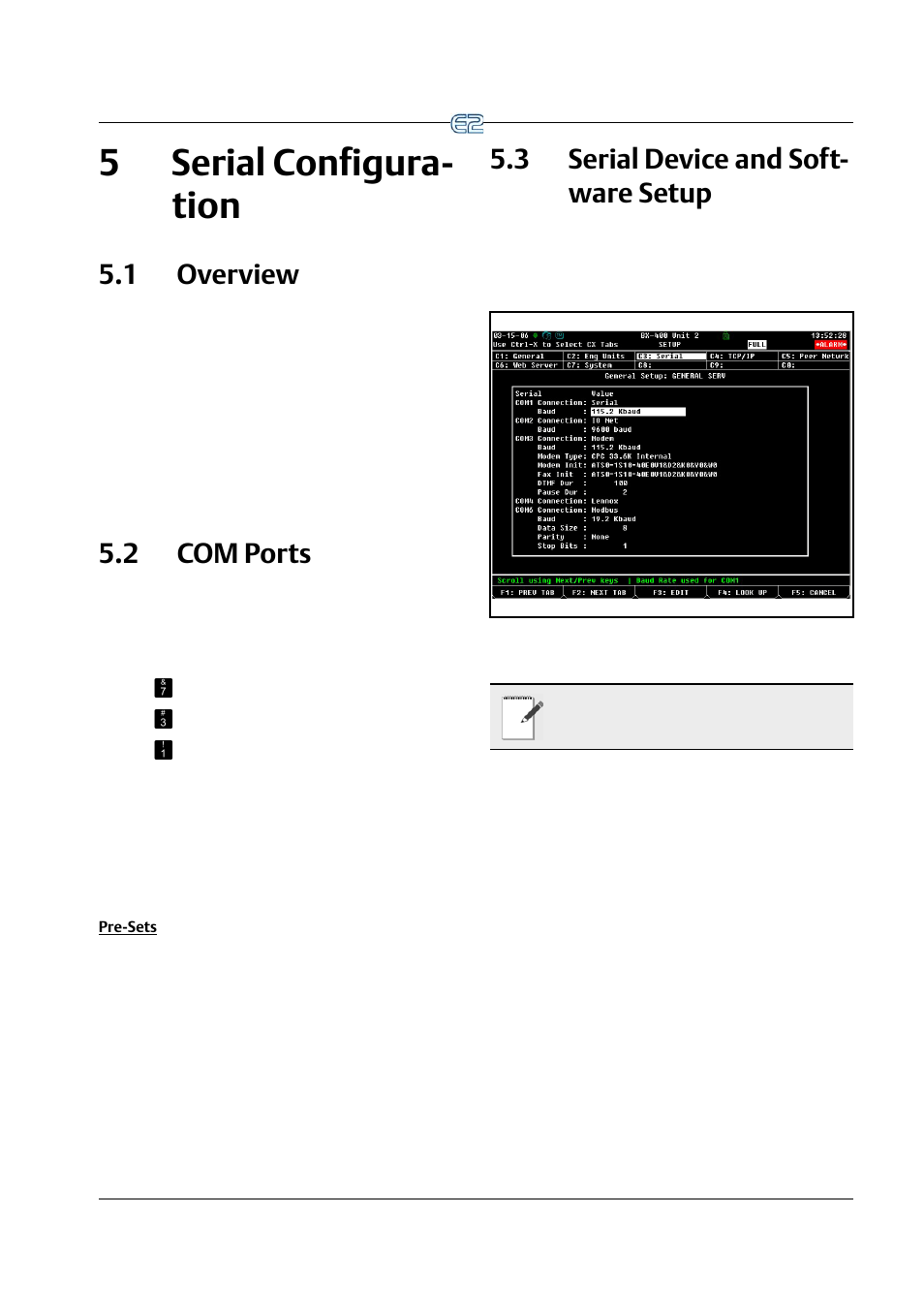 5 serial configuration, 1 overview, 2 com ports | Pre-sets, 3 serial device and software setup, 5 serial configuration -1, Verview, 2 com p, Orts, Erial | Emerson E2 User Manual | Page 59 / 273