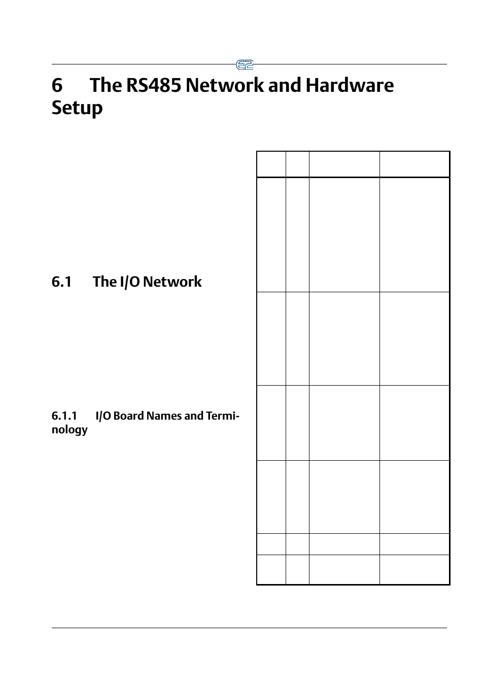 6 the rs485 network and hardware setup, 1 the i/o network, 1 i/o board names and terminology | 6 the rs485 network and hardware setup -1, I/o n, Etwork, 1 i/o board names and terminology -1, 6the rs485 network and hardware setup, 1 i/o board names and termi- nology | Emerson E2 User Manual | Page 61 / 273