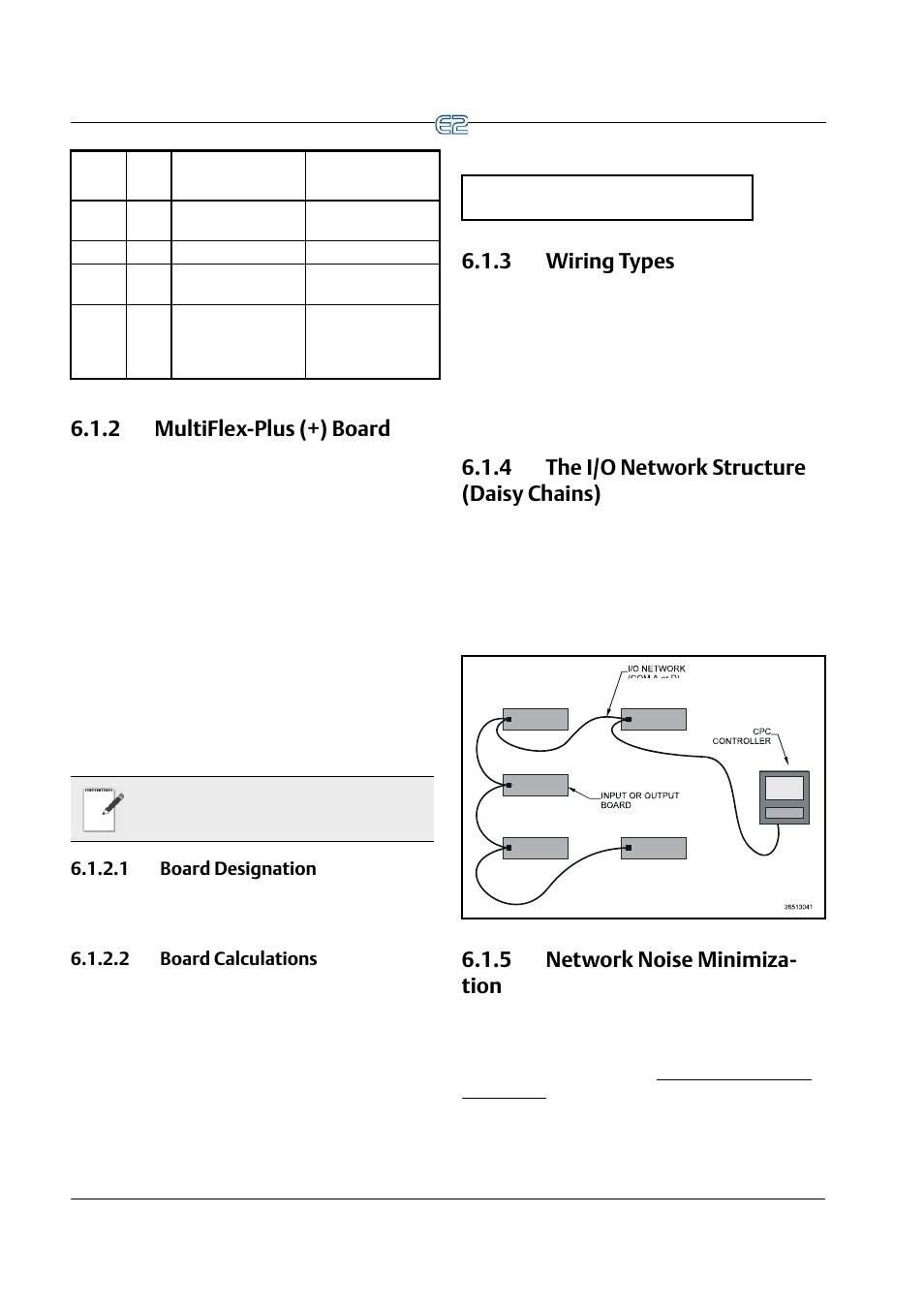 2 multiflex-plus (+) board, 1 board designation, 2 board calculations | 3 wiring types, 4 the i/o network structure (daisy chains), 5 network noise minimization, 2 multiflex-plus (+) board -2, 5 network noise minimiza- tion | Emerson E2 User Manual | Page 62 / 273