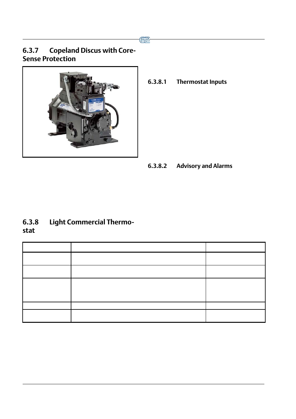 7 copeland discus with coresense protection, 8 light commercial thermostat, 1 thermostat inputs | 2 advisory and alarms, 7 copeland discus with core- sense protection, 8 light commercial thermo- stat | Emerson E2 User Manual | Page 68 / 273