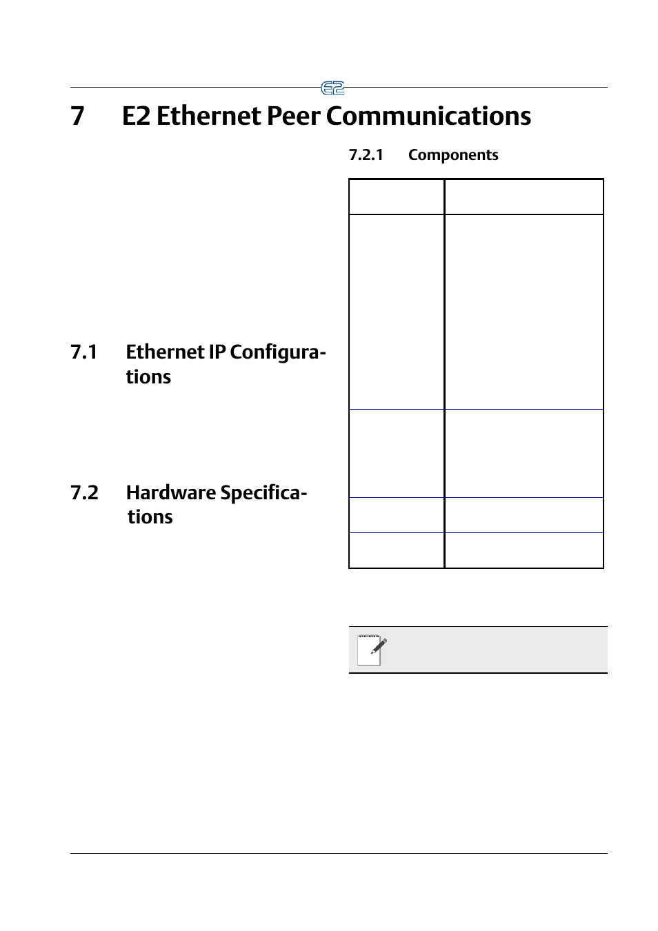 7 e2 ethernet peer communications, 1 ethernet ip configurations, 2 hardware specifications | 1 components, 7 e2 ethernet peer communications -1, Thernet, Ip c, Onfigurations, Ardware, Pecifications | Emerson E2 User Manual | Page 83 / 273