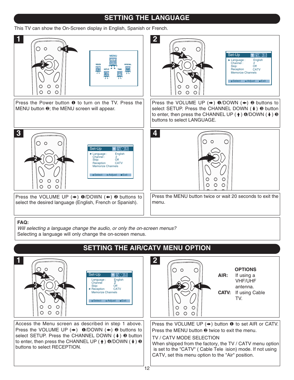 Setting the language, Setting the air/catv menu option | Emerson SB315 User Manual | Page 13 / 30