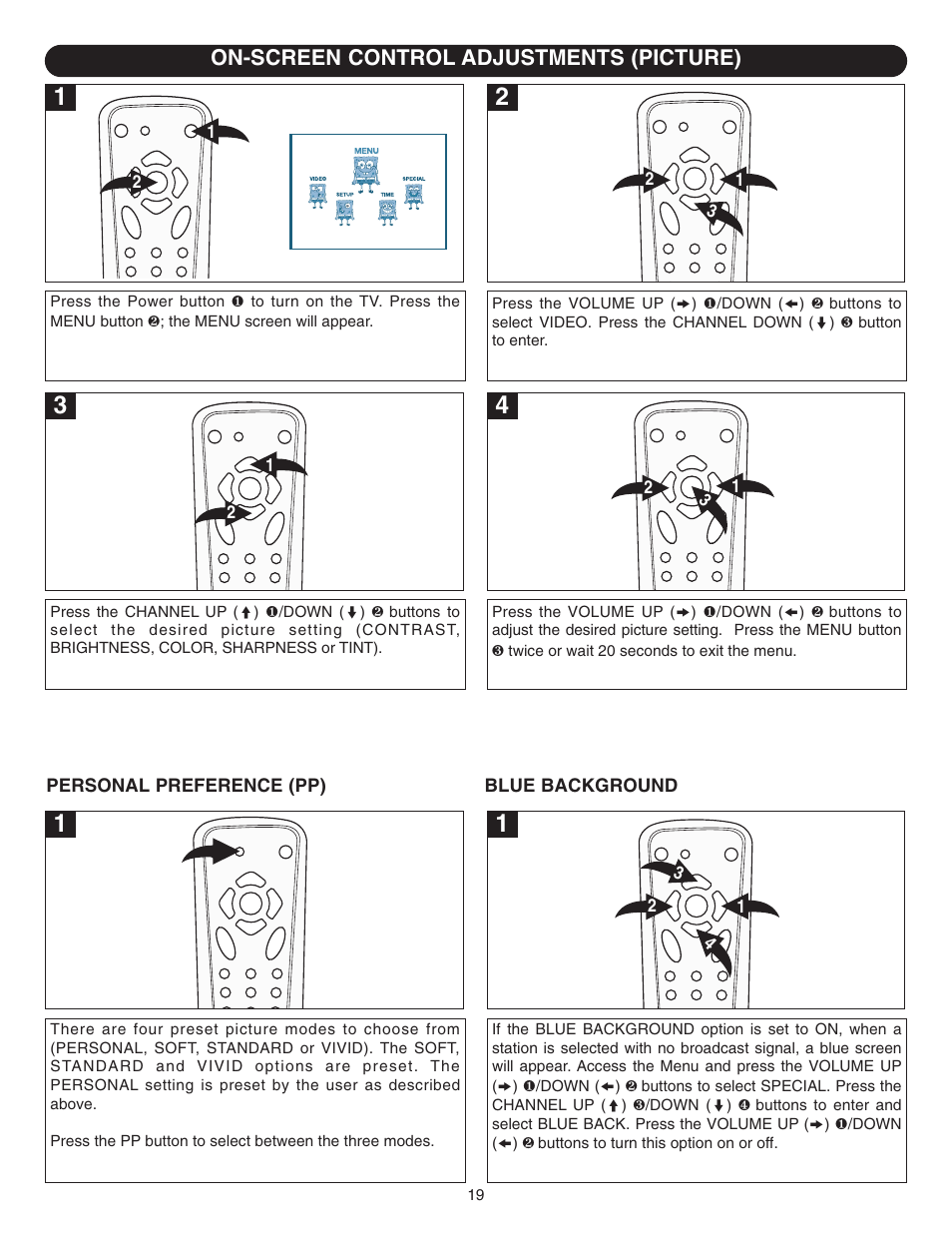 On-screen control adjustments (picture) | Emerson SB315 User Manual | Page 20 / 30