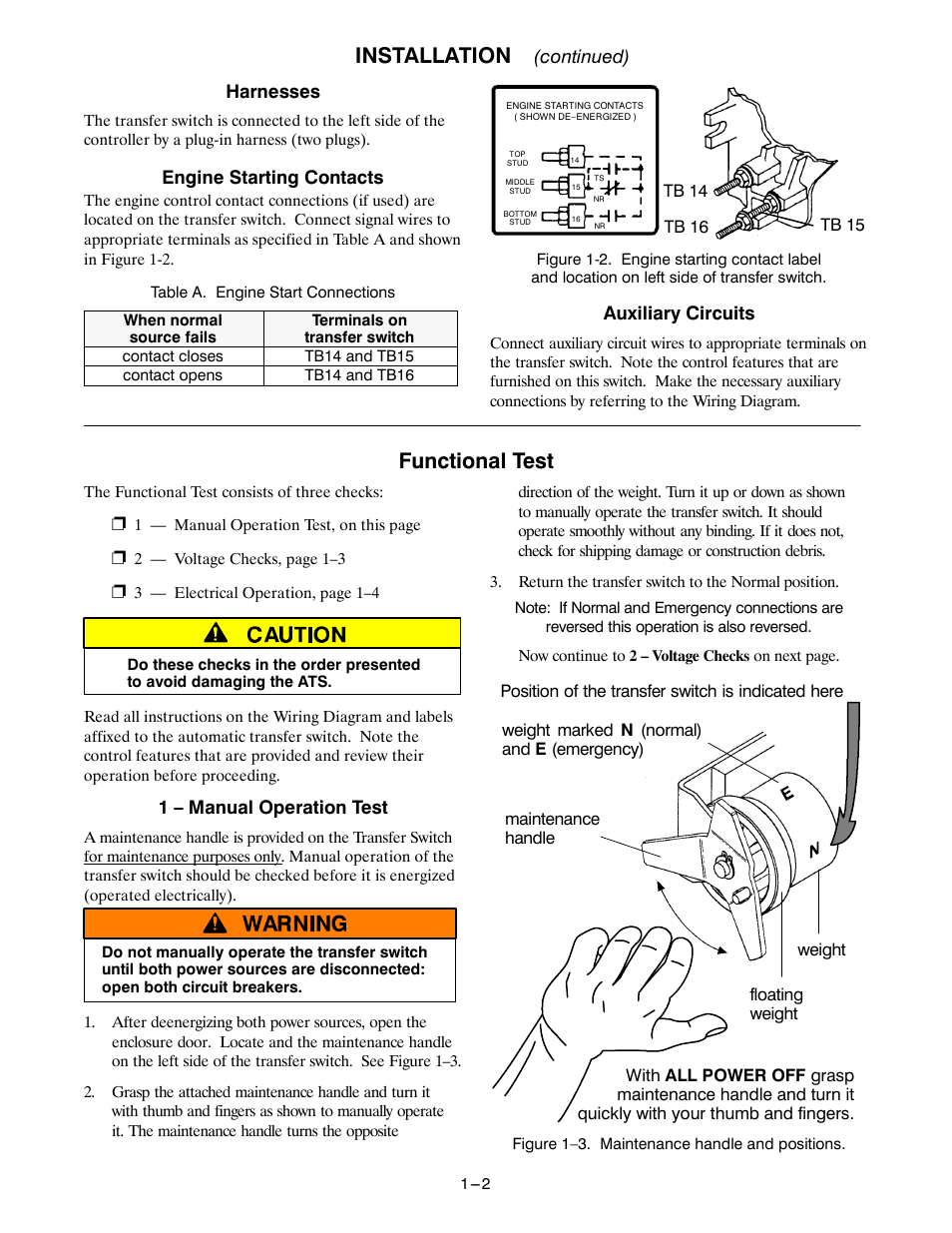 Installation, Functional test, Continued) | Harnesses, Engine starting contacts, Auxiliary circuits, 1 – manual operation test | Emerson ASCO 7000 User Manual | Page 4 / 9