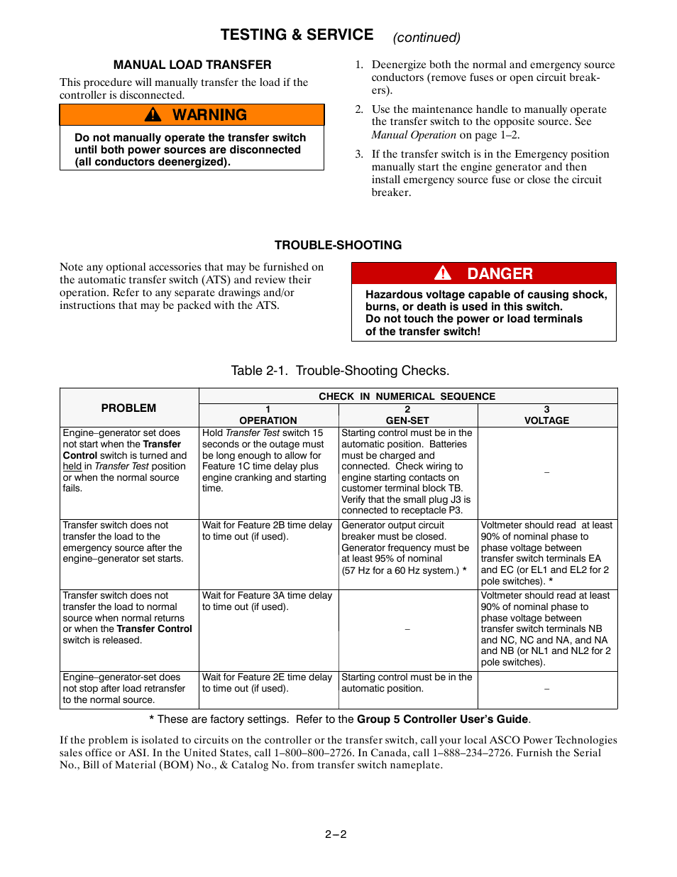 Testing & service, Continued), Table 2-1. trouble-shooting checks | Emerson ASCO 7000 User Manual | Page 8 / 9