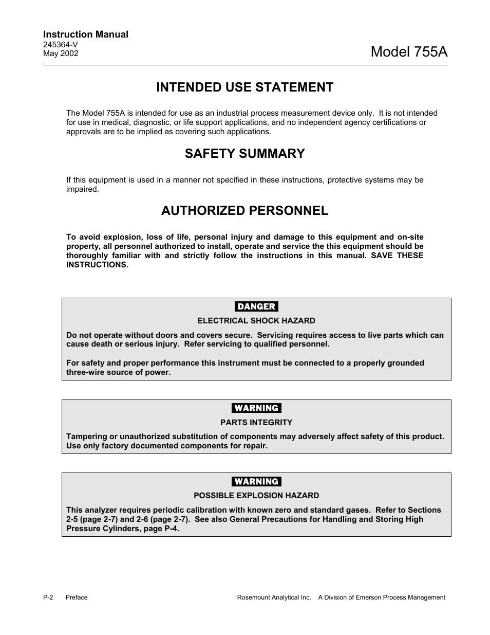 Intended use statement, Safety summary, Authorized personnel | Model 755a | Emerson 755A User Manual | Page 10 / 90