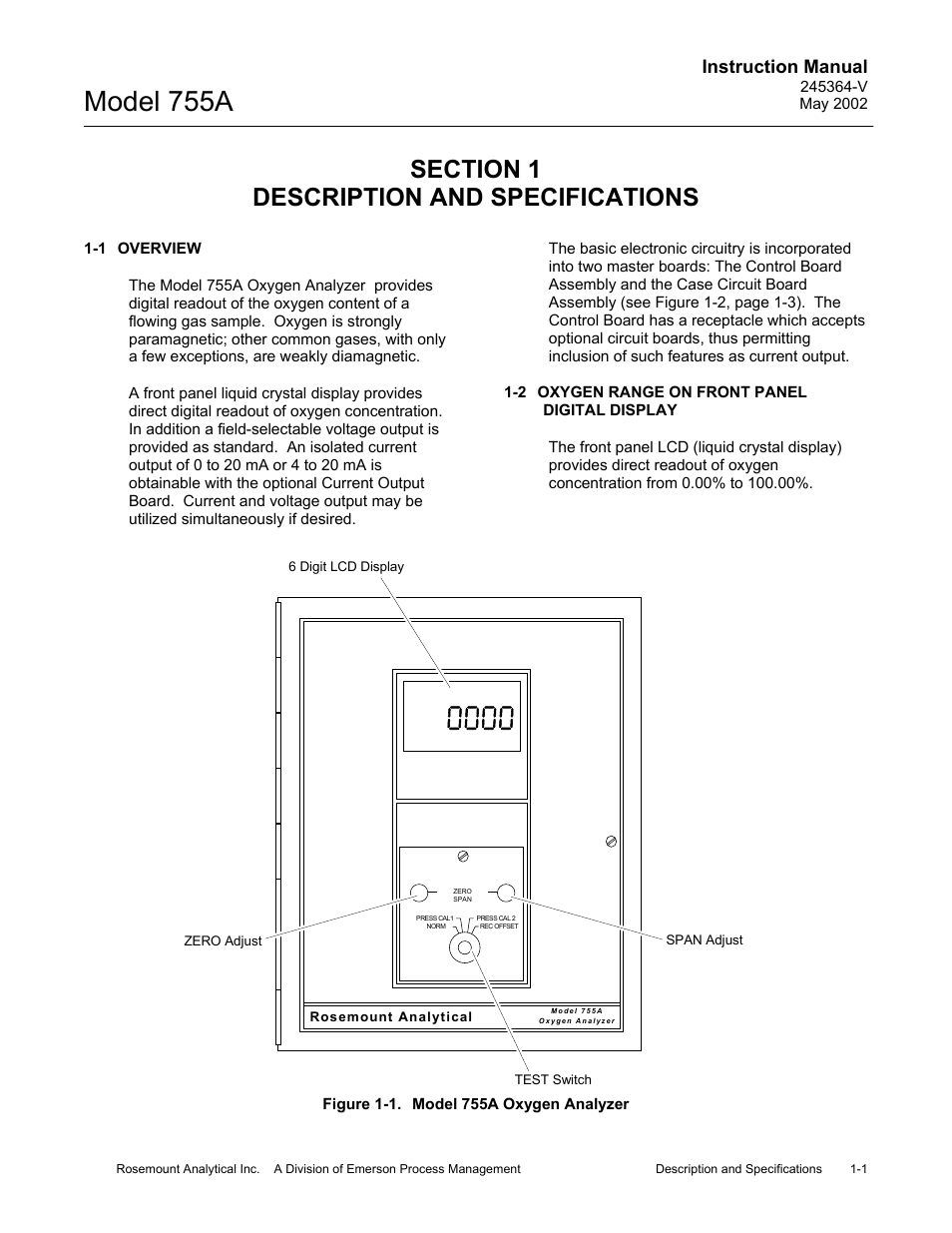 0 description and specifications, 1 overview, 2 oxygen range on front panel digital display | 1 model 755a oxygen analyzer, Model 755a, Instruction manual | Emerson 755A User Manual | Page 15 / 90