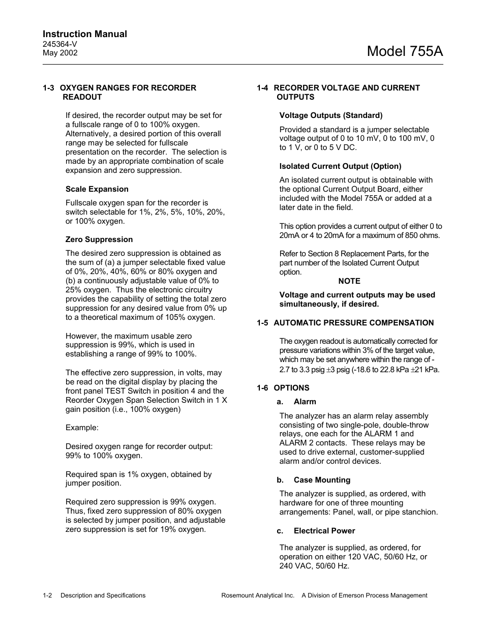 3 oxygen ranges for recorder readout, 4 recorder voltage and current outputs, 5 automatic pressure compensation | 6 options, A. alarm, B. case mounting, C. electrical power, Model 755a | Emerson 755A User Manual | Page 16 / 90