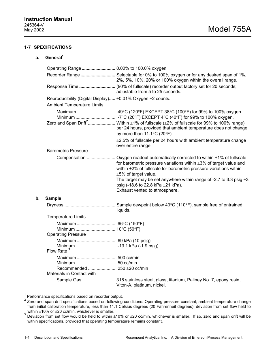 7 specifications, A. general, B. sample | Model 755a | Emerson 755A User Manual | Page 18 / 90