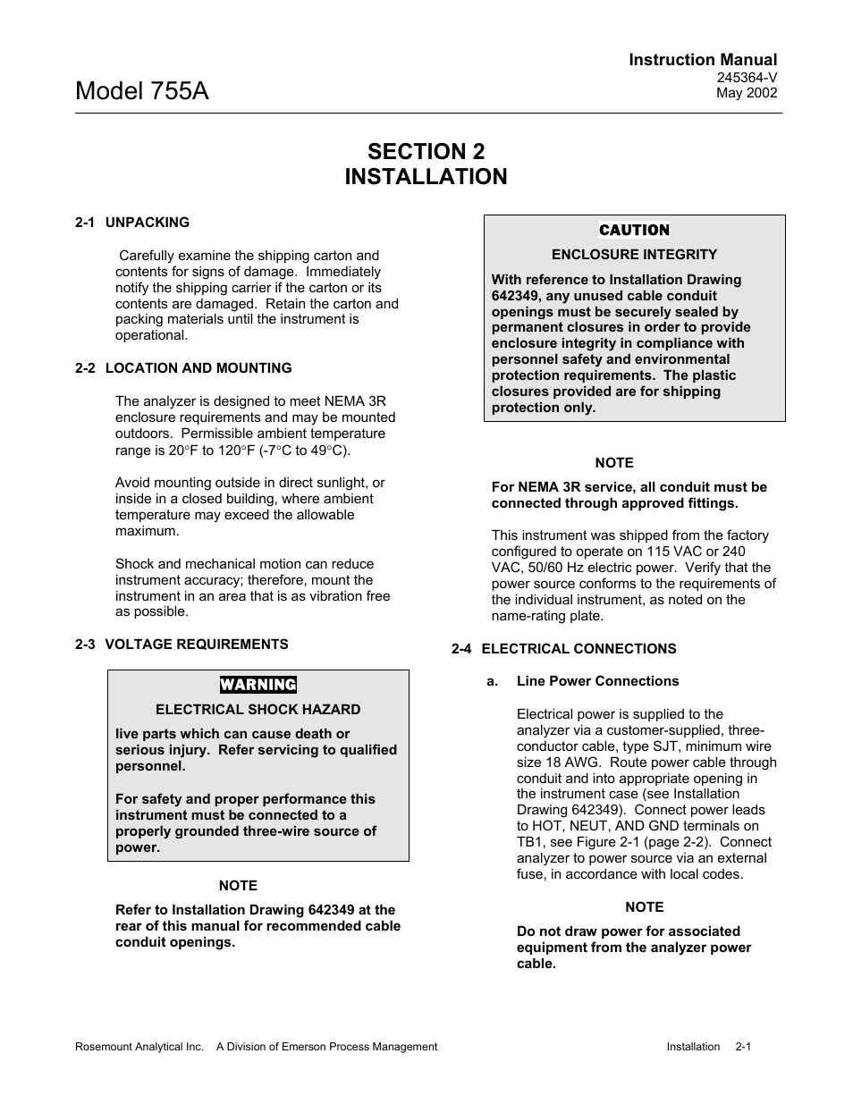 0 installation, 1 unpacking, 2 location and mounting | 3 voltage requirements, 4 electrical connections, A. line power connections, Model 755a | Emerson 755A User Manual | Page 21 / 90