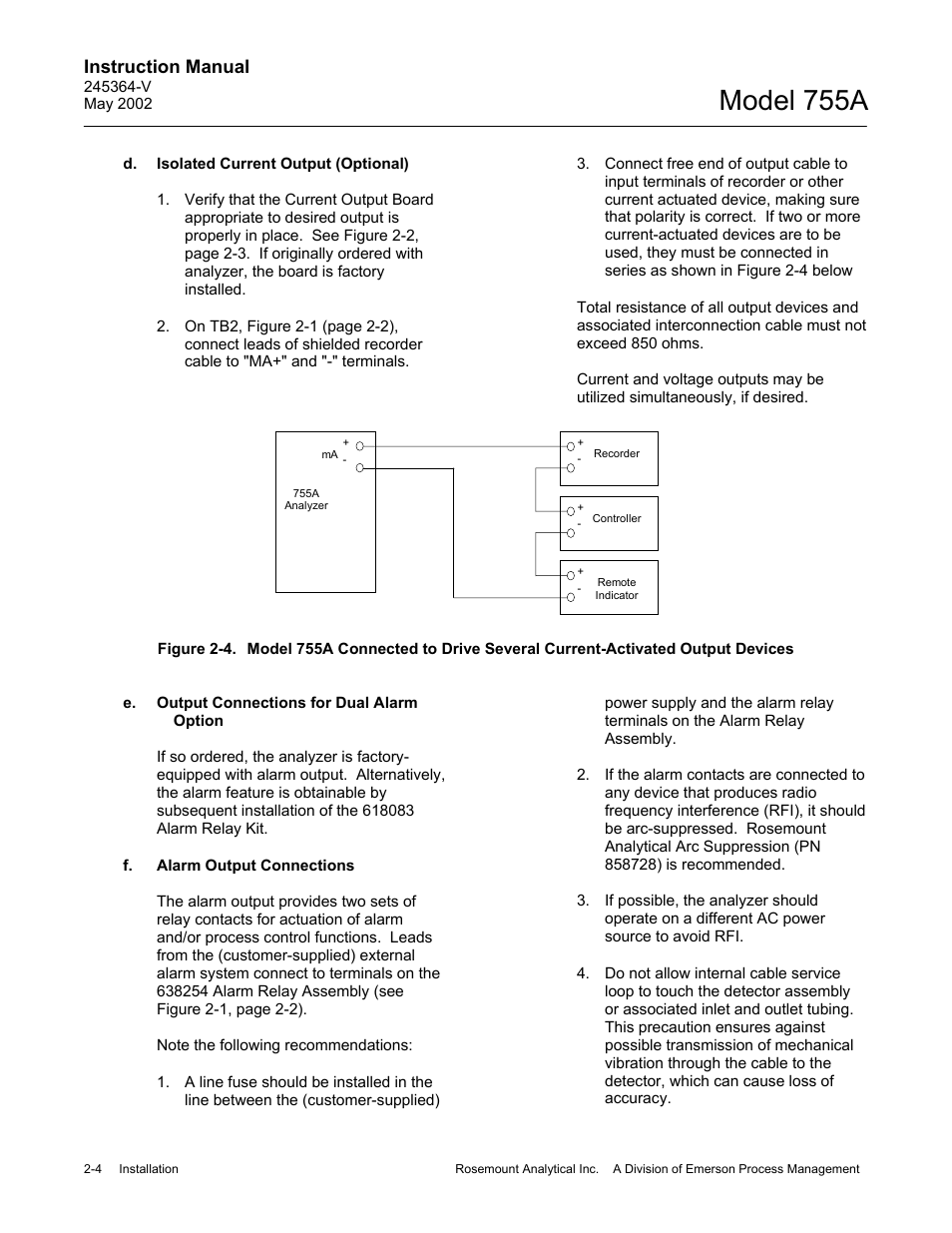 D. isolated current output (optional), E. output connections for dual alarm option, F. alarm output connections | Model 755a, Instruction manual | Emerson 755A User Manual | Page 24 / 90