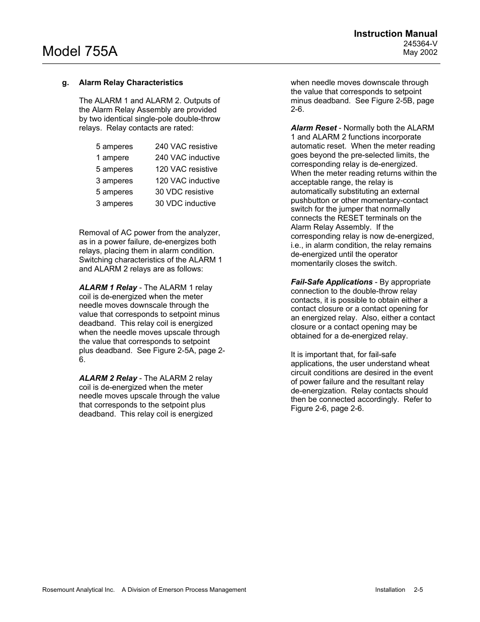 G. alarm relay characteristics, Model 755a | Emerson 755A User Manual | Page 25 / 90