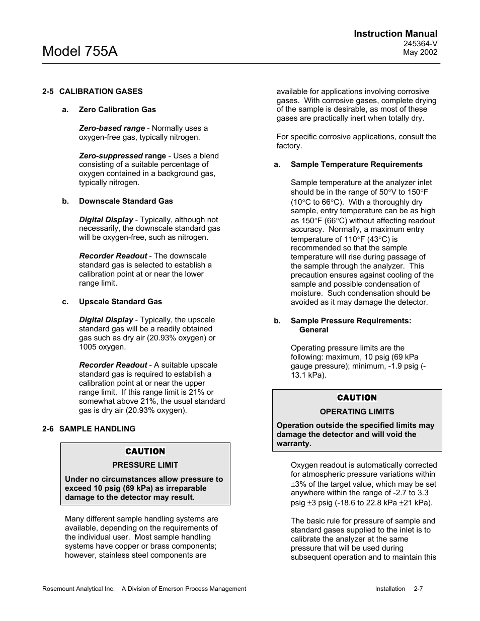 5 calibration gases, A. zero calibration gas, B. downscale standard gas | C. upscale standard gas, 6 sample handling, A. sample temperature requirements, B. sample pressure requirements - general, Model 755a | Emerson 755A User Manual | Page 27 / 90