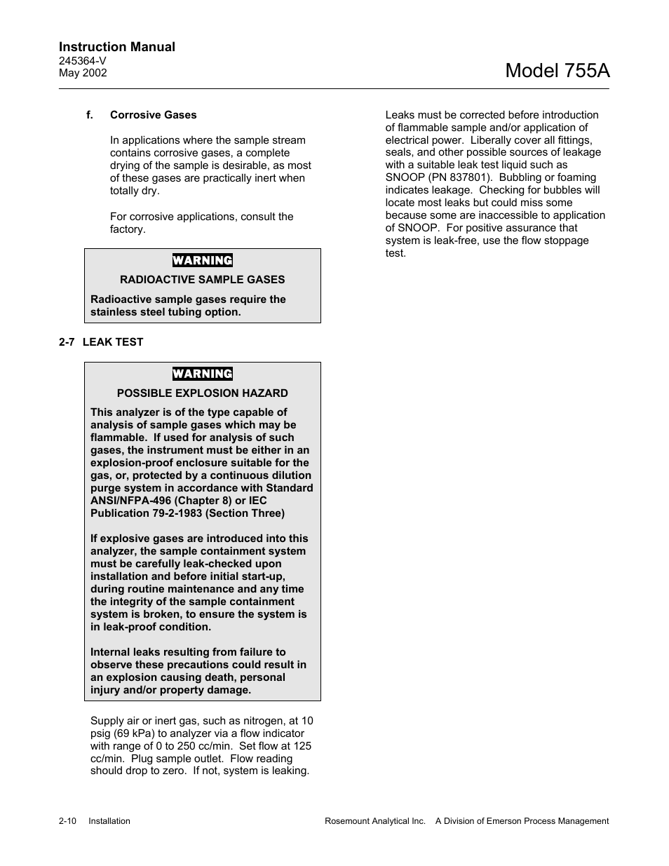 F. corrosive gases, 7 leak test, Model 755a | Emerson 755A User Manual | Page 30 / 90