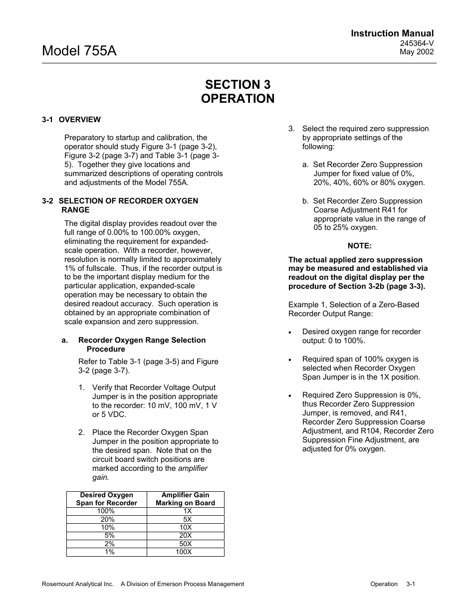 0 operation, 1 overview, 2 selection of recorder oxygen range | A. recorder oxygen range selection procedure, Model 755a | Emerson 755A User Manual | Page 33 / 90