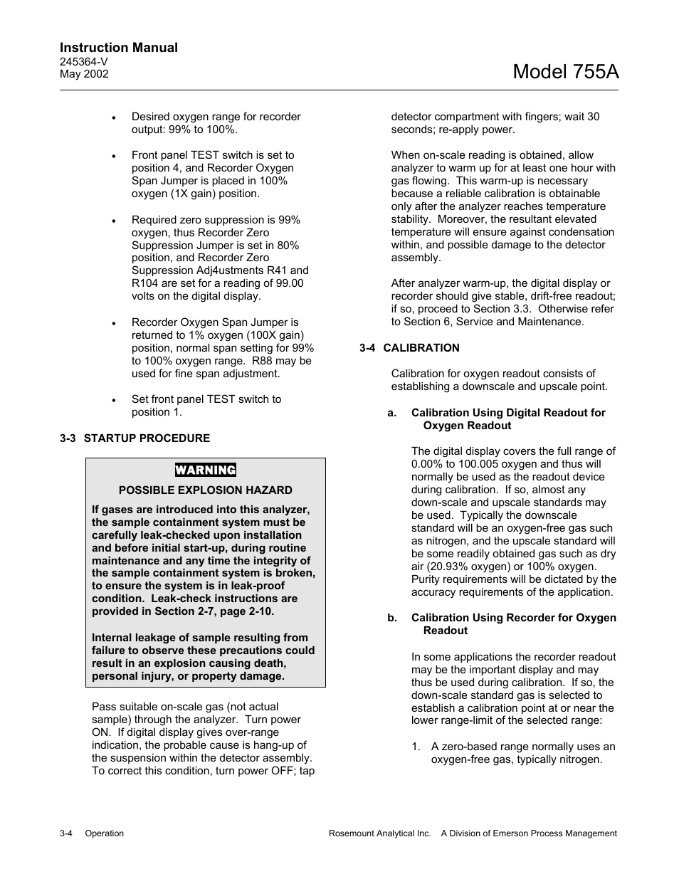 3 startup procedure, 4 calibration, B. calibration using recorder for oxygen readout | Model 755a | Emerson 755A User Manual | Page 36 / 90