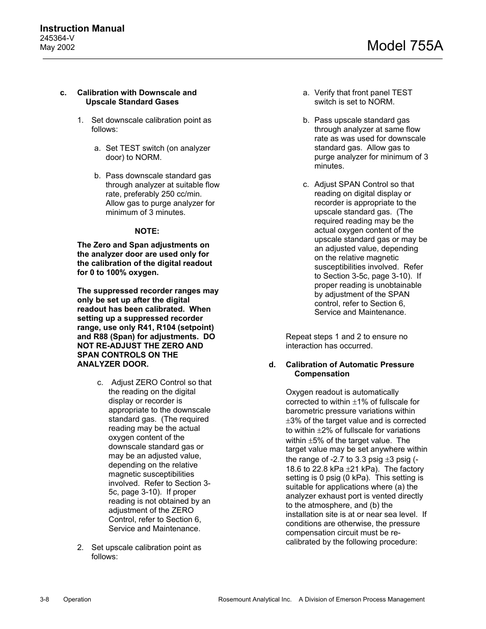 D. calibration of automatic pressure compensation, Model 755a | Emerson 755A User Manual | Page 40 / 90