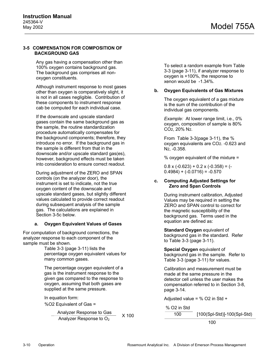 5 compensation for composition of background gas, A. oxygen equivalent values of gases, B. oxygen equivalents of gas mixtures | Model 755a | Emerson 755A User Manual | Page 42 / 90