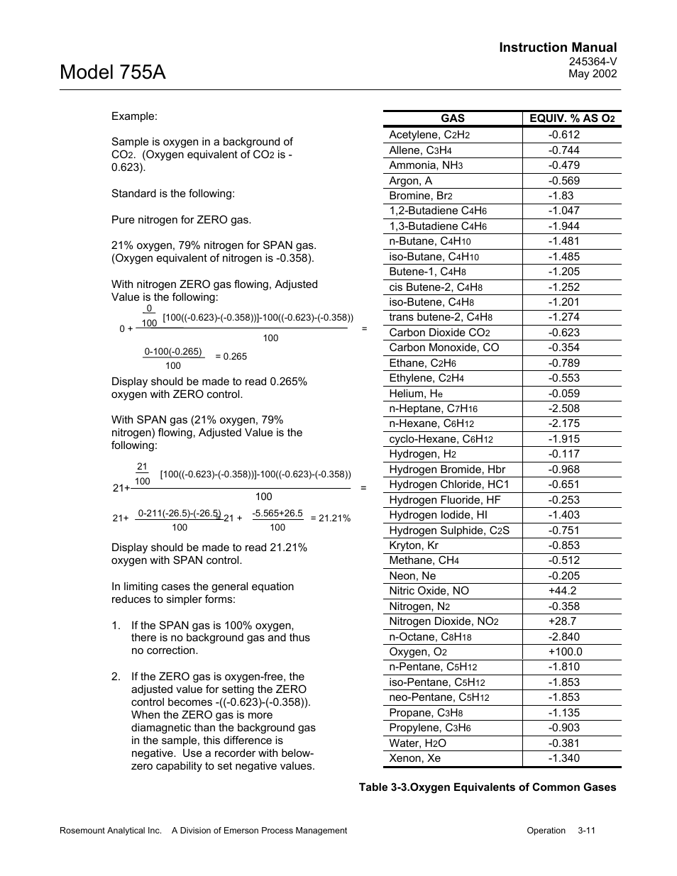 3 oxygen equivalents of common gases, Model 755a, Instruction manual | Emerson 755A User Manual | Page 43 / 90