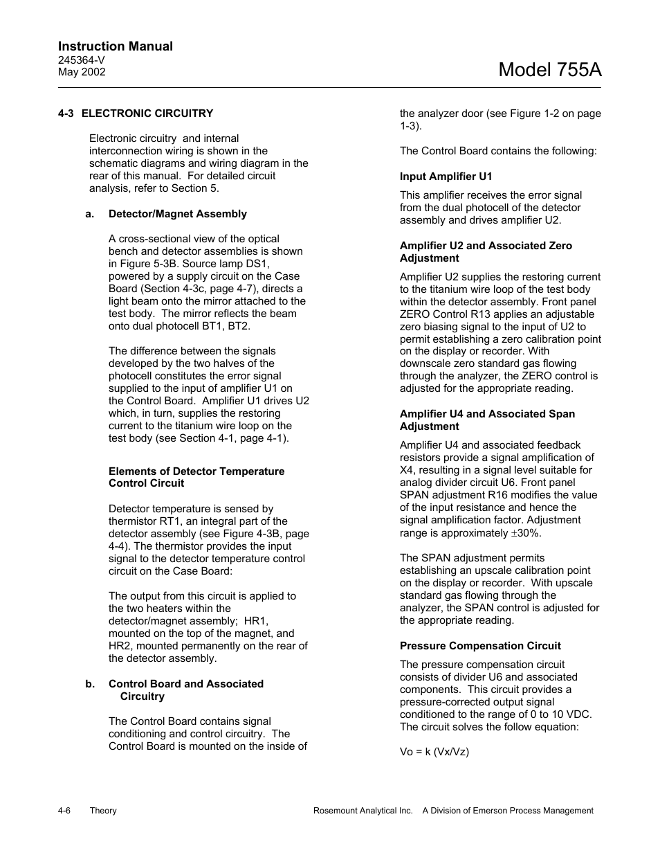 3 electronic circuitry, A. detector/magnet assembly, B. control board and associated circuitry | Model 755a | Emerson 755A User Manual | Page 52 / 90