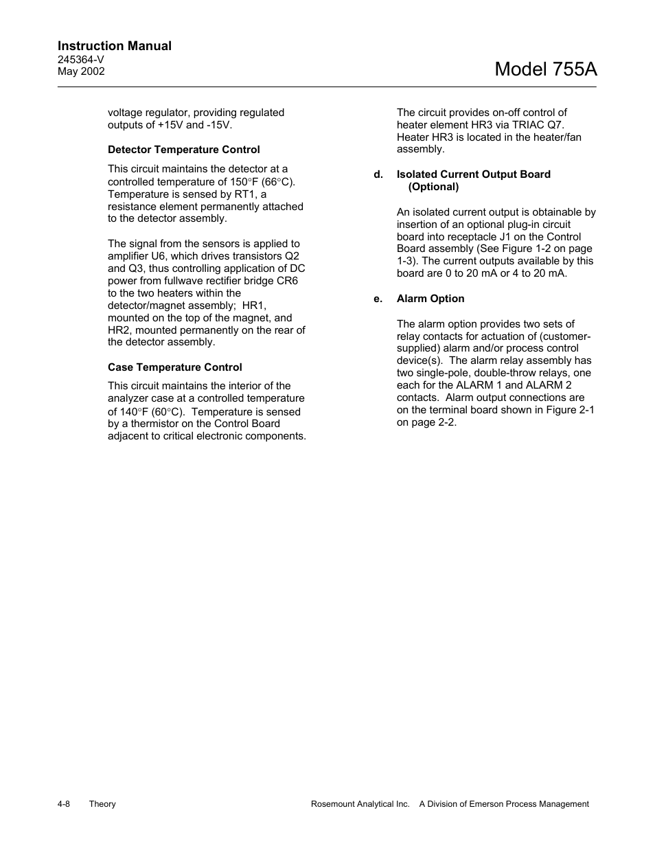 D. isolated current output board, E. alarm, Model 755a | Emerson 755A User Manual | Page 54 / 90