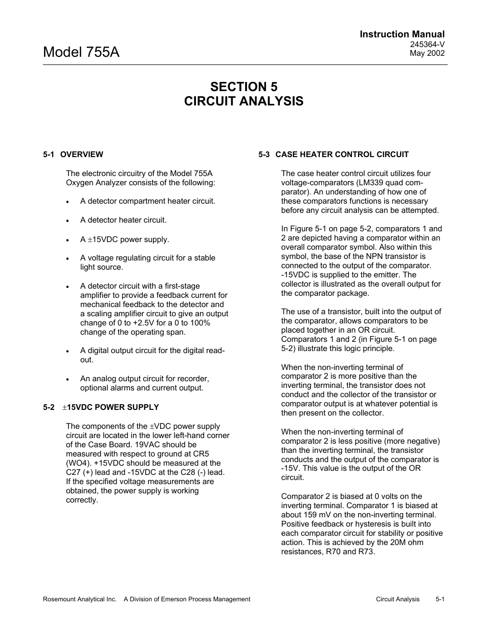 0 circuit analysis, 1 overview, 2 +/- 15vdc power supply | 3 case heater control circuit, Model 755a | Emerson 755A User Manual | Page 55 / 90