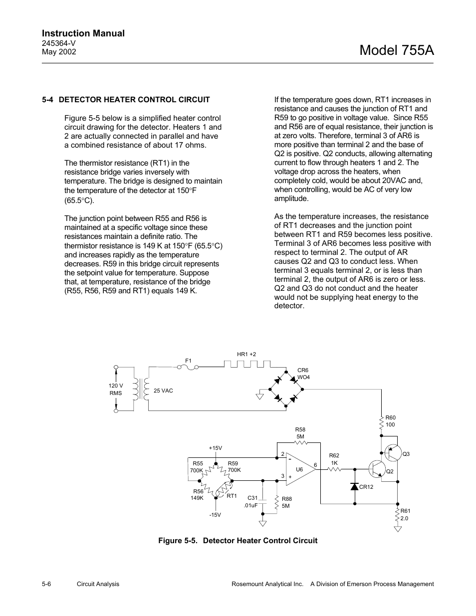 4 detector heater control circuit, 5 schematic - detector heater control circuit, Model 755a | Instruction manual | Emerson 755A User Manual | Page 60 / 90