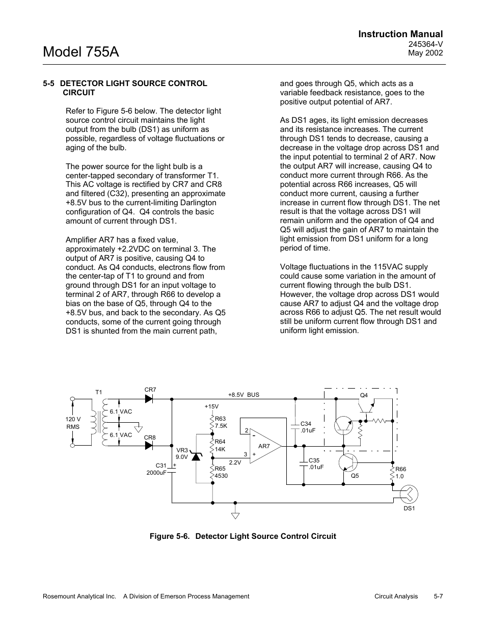 5 detector light source control circuit, Model 755a, Instruction manual | Emerson 755A User Manual | Page 61 / 90