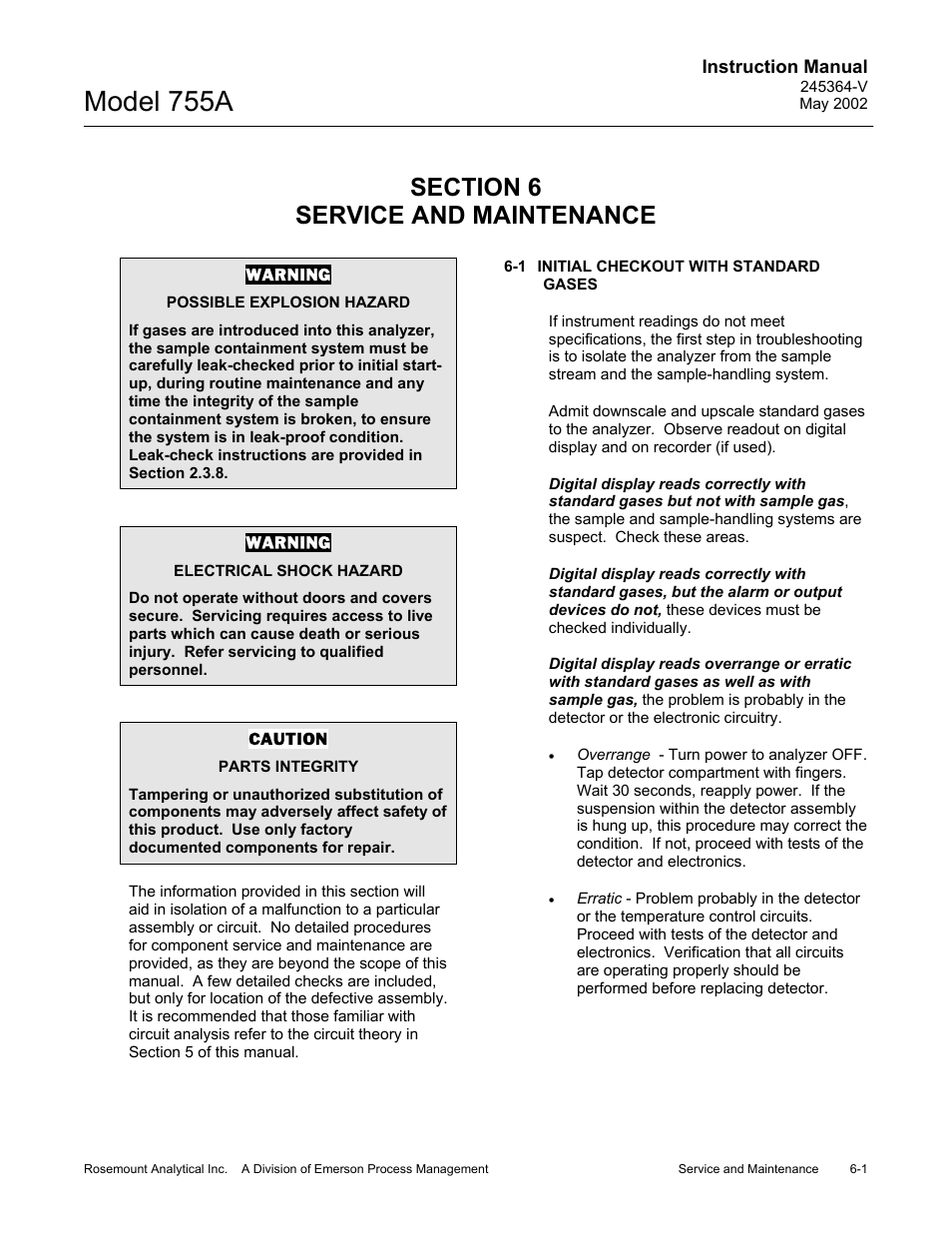 0 service and maintenance, 1 initial checkout with standard gases, Model 755a | Emerson 755A User Manual | Page 69 / 90