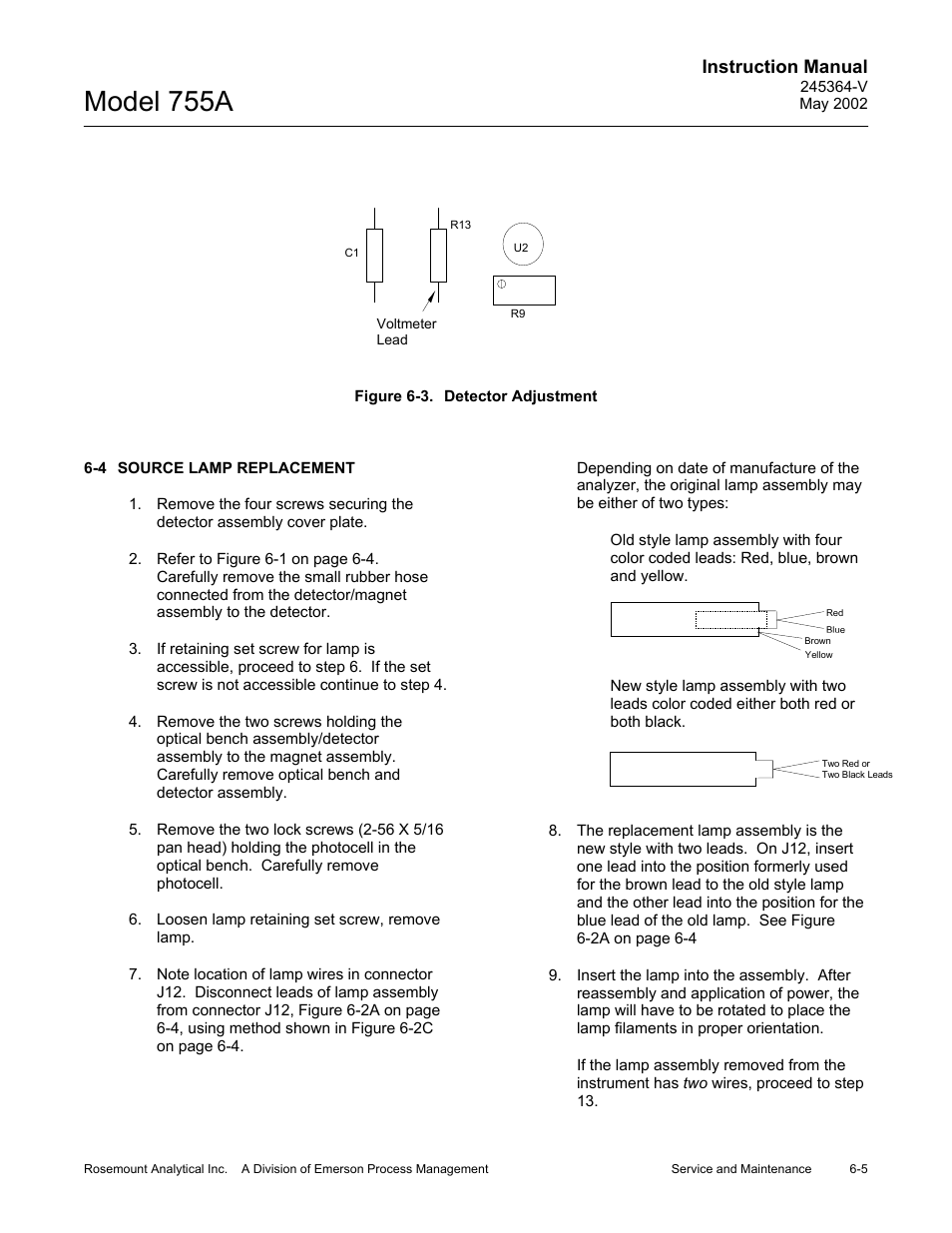 4 source lamp replacement, 3 detector adjustment, Model 755a | Instruction manual | Emerson 755A User Manual | Page 73 / 90