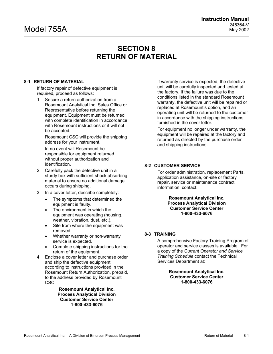 0 return of material, 1 return of material, 2 customer service | 3 training, Model 755a | Emerson 755A User Manual | Page 79 / 90