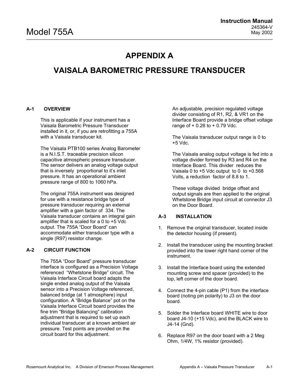 A-1 overview, A-2 circuit function, A-3 installation | Model 755a, Appendix a vaisala barometric pressure transducer | Emerson 755A User Manual | Page 81 / 90