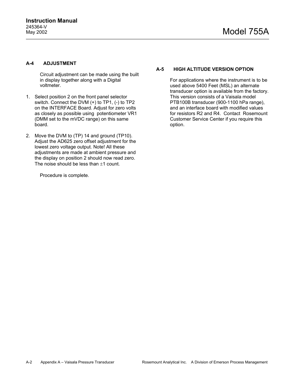 A-4 adjustment, A-5 high altitude version (option), Model 755a | Emerson 755A User Manual | Page 82 / 90