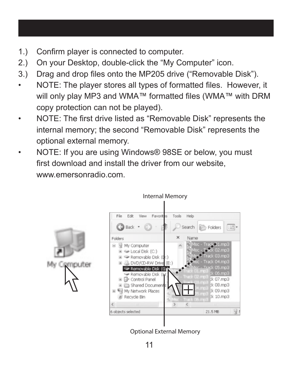 Transferring music and data files | Emerson MP205 User Manual | Page 11 / 28
