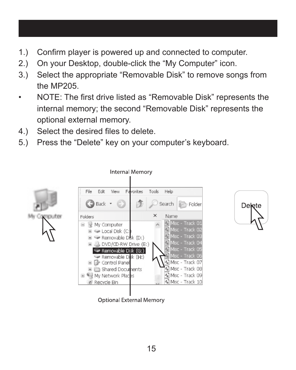 Delete a music or data file | Emerson MP205 User Manual | Page 15 / 28
