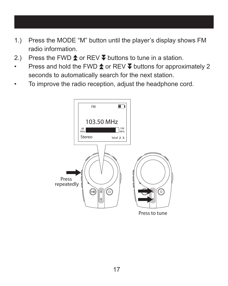Listen to the fm radio, 50 mhz | Emerson MP205 User Manual | Page 17 / 28