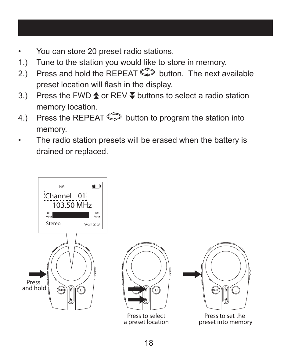 Create a station preset, 50 mhz | Emerson MP205 User Manual | Page 18 / 28