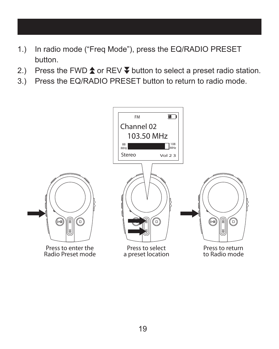 Listen to a station preset, 50 mhz, Channel 02 | Emerson MP205 User Manual | Page 19 / 28