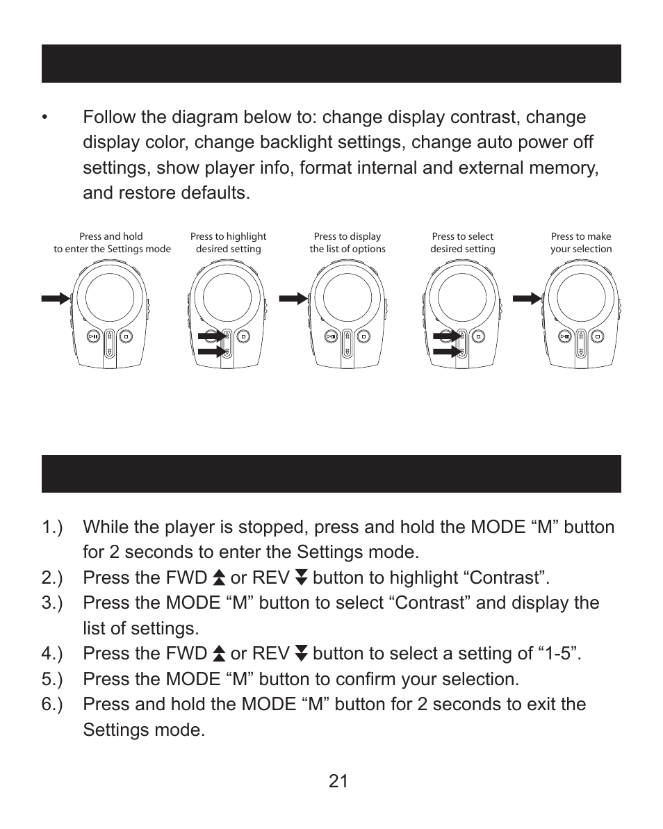 Settings mode, Change the display contrast | Emerson MP205 User Manual | Page 21 / 28