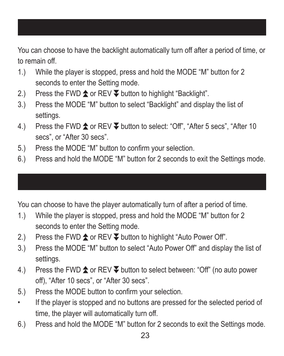 Change the backlight setting, Change the auto power off feature | Emerson MP205 User Manual | Page 23 / 28