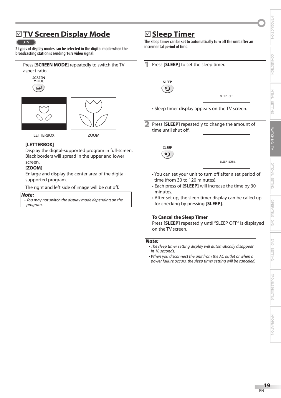 Tv screen display mode, 5sleep timer | Emerson LD200EM8 User Manual | Page 19 / 48