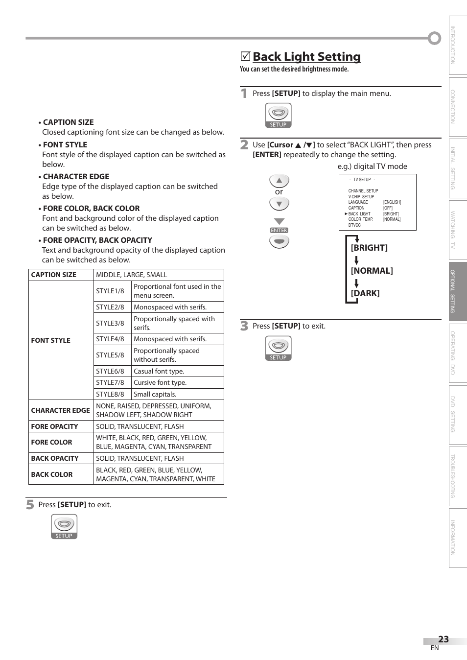 Back light setting | Emerson LD200EM8 User Manual | Page 23 / 48