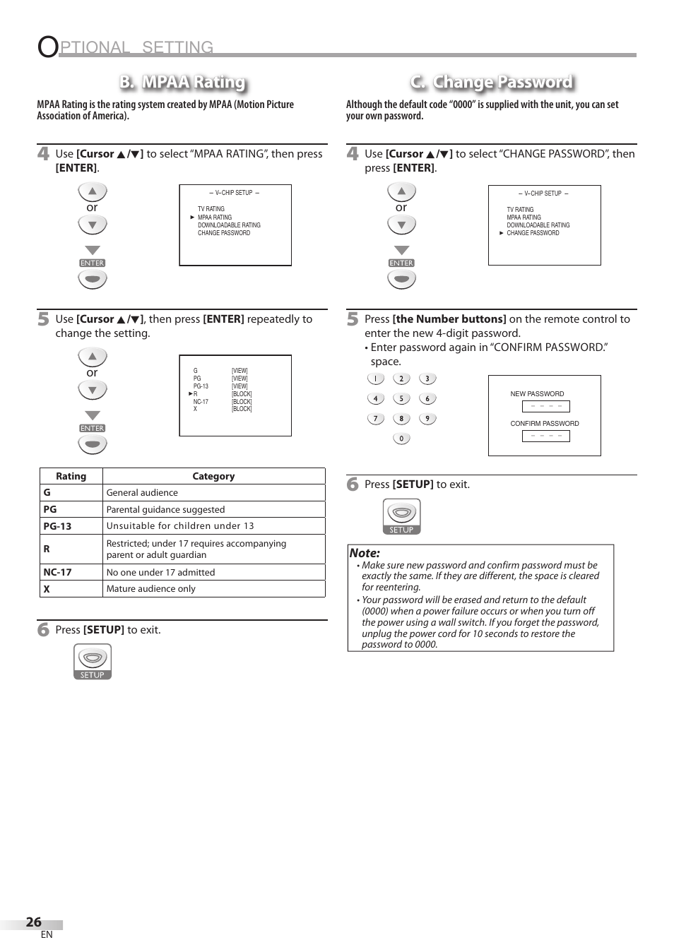 Ptional setting, B. mpaa rating, C. change password | Emerson LD200EM8 User Manual | Page 26 / 48